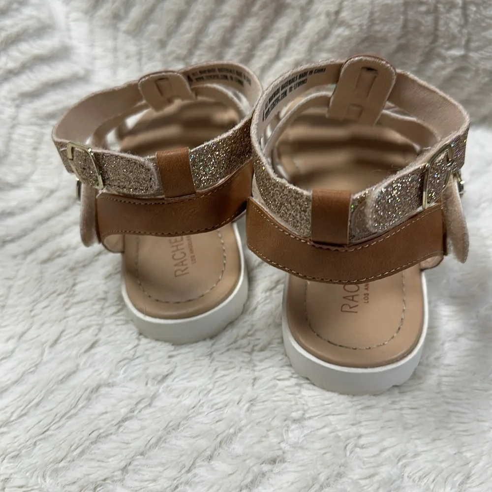 Rachel Zoe Girls Tan Shiny & Glittery Sandals VELCRO STRAPS,  Girls' 4 EUC!